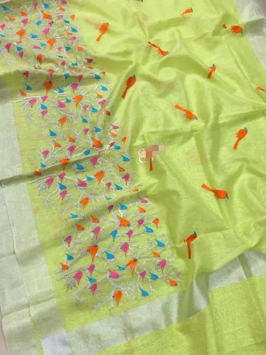 Pure Silk Linen Saree with Jari Border – New Floral & Bird Embroidery Work